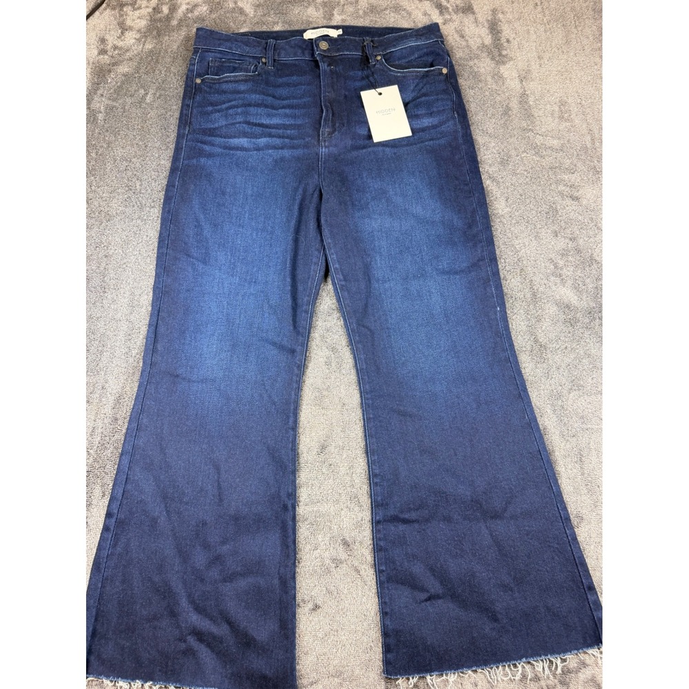Hidden Jeans High Rise Flare Raw Hem Indigo Blue‎ Denim Womens 34 BK3218C-RNA